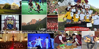 Verschiedene Fotos aus dem Schulleben wie Musikunterricht und Aufführungen als Collage zusammengestellt