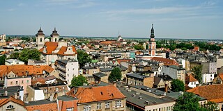 Blick über die Stadt mit vielen Häusern mit roten Dächern und grüner Landschaft im Hintergrund