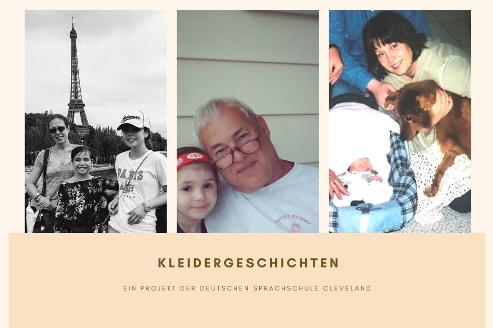 Eine Präsentationsslide mit drei Kindheitsfotos und dem Titel "Kleidergeschichten"