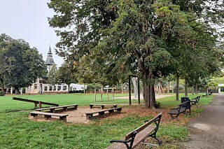Park mit mehreren Sitzbänken und Bäumen