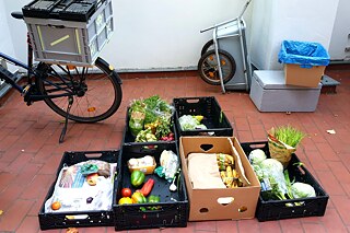 Mehrere Gemüsekisten stehen auf dem Boden, im Hintergrund ein Fahrrad mit Transportbox und eine Schubkarre