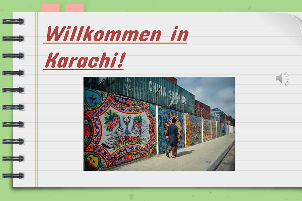 Willkommen in Karachi © Goethe-Institut Pakistan   Grafik eines Notebooks auf mintgrünem Hintergrund, auf der Notebook-Seite steht: "Willkommen in Karachi"