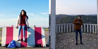 Collage aus zwei Bildern: Links sitzt ein Mädchen auf einem Poller. Rechts steht ein Junge auf einer Aussichtsplattform