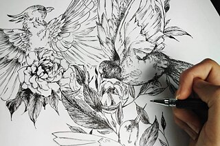Bleistiftzeichnung zweier Vögel und Blumen