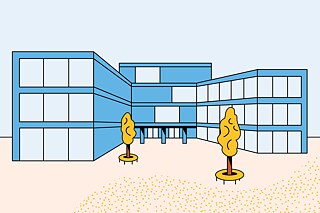 Visual eines blauen Schulgebäudes mit zwei gelben Bäumen