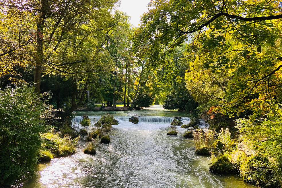 Fluss, links und rechts von Bäumen umgeben