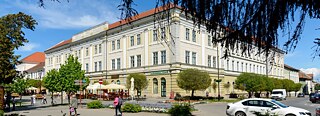 Außenansicht mit Straße, Bäumen und Passanten