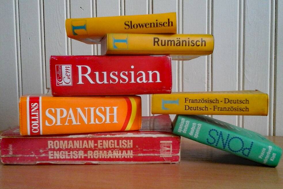 Ein Stapel Wörterbücher Französisch-Deutsch, Rumänisch, Rumänisch-Englisch, Russisch, Slowenisch, Spanisch