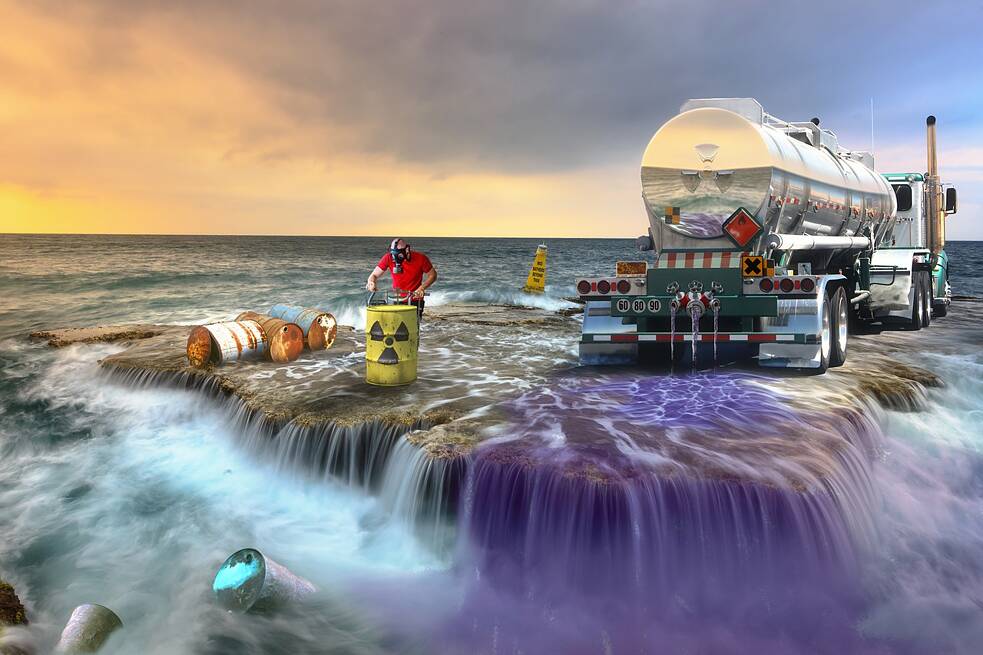 Fotomontage, zu sehen sind: fließendes Wasser, jemand, der Giftmüll ablädt und ein Tanklaster.