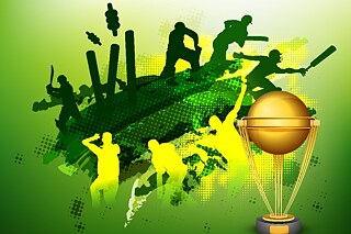 Cricket © Designed by Freepik  Grafik in grünen Farbnuancen, Cricketspieler sind angedeutet und ein Pokal
