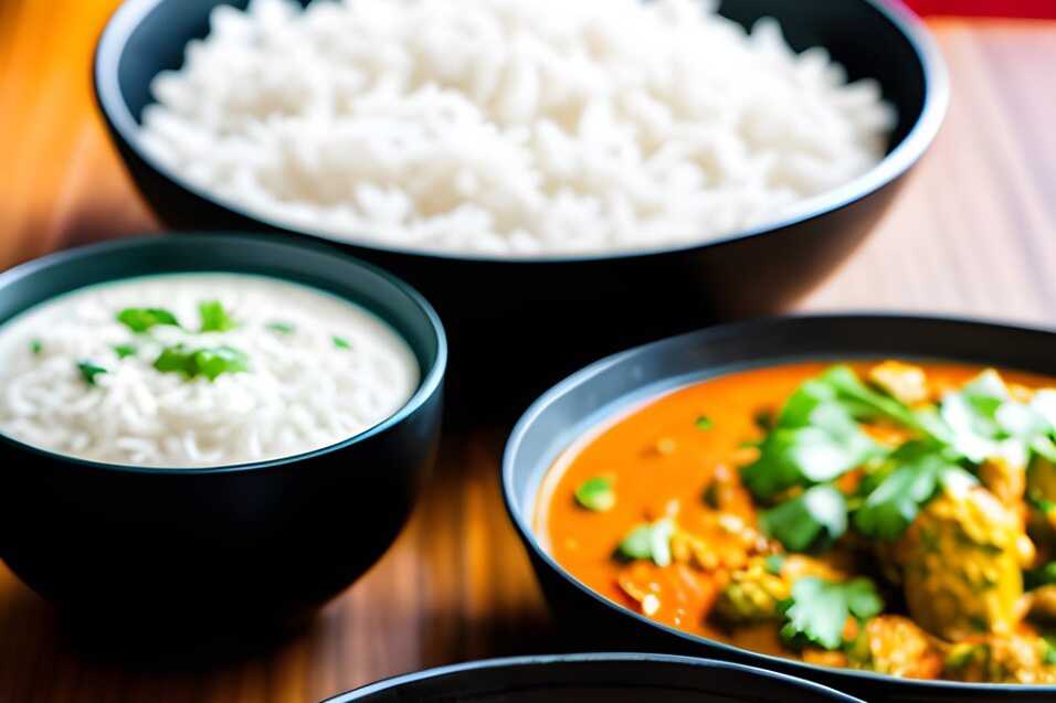 Mittagessen Reisschalen und ein Curry garniert mit Korianderblättern