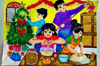 Bild einer Familie beim Backen und Dekorieren zu Weihnachten, gemalt von M.A. Asangee Ileesha aus Sri Lanka