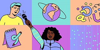 Mosaik aus verschiedenen Grafiken mit zwei Personen, von denen eine ein Mikrofon hält