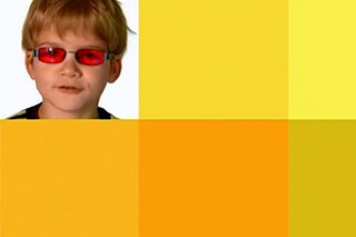 Ein blonder Junge mit Sonnenbrille; rechts und unter seinem Foto Farbflächen und verschienenen Gelbtönen