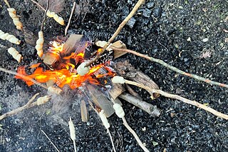 Ein offenes Holzkohlefeuer über dem Stockbrot gebacken wird.