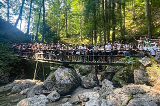 Eine große Gruppe steht auf einem Holzsteg über einem Bach.