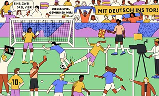 Wimmelbild eines Fussballspiels mit Publikum, Tor und den Spielern