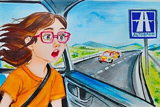 Zeichnung, Mädchen in einem Auto auf einer Autobahn