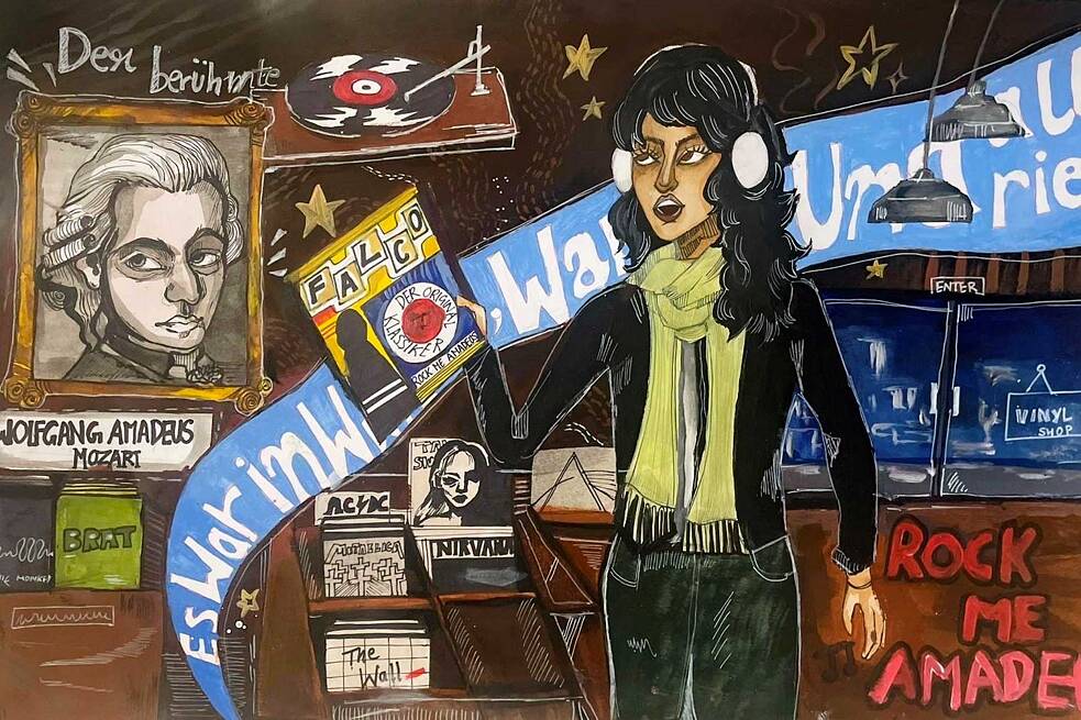 Zeichnung: Ein Mädchen hört Musik über Kopfhörer