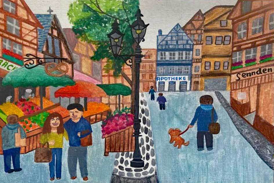 Zeichnung: Buntes Straßenbild