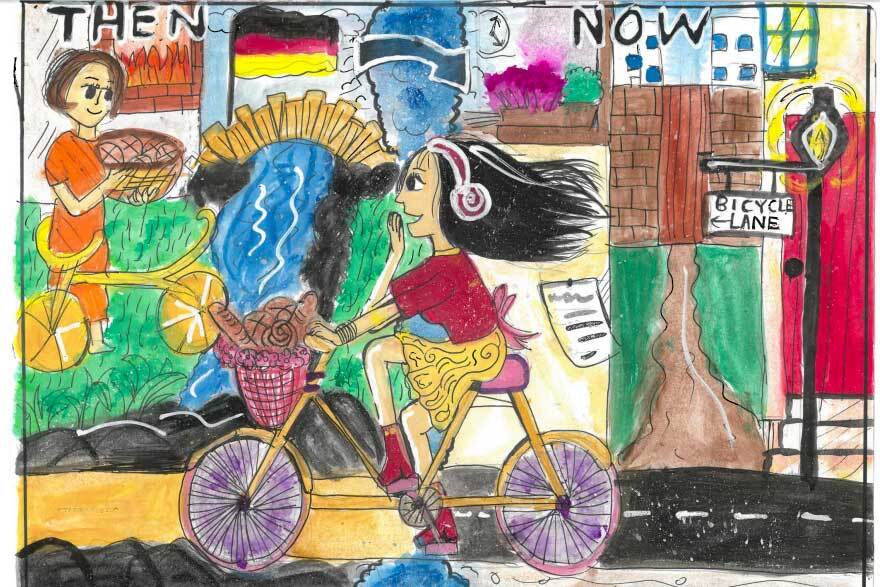 Zeichnung: ein Mädchen fährt Fahrrad