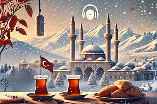 Illustration eine Moschee in einer Winterlandschaft, im Vordergrund zwei Gläser Tee und ein Teller Gebäck