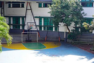 Rückseite des Gebäudes mit Sportplatz und Sportunterricht