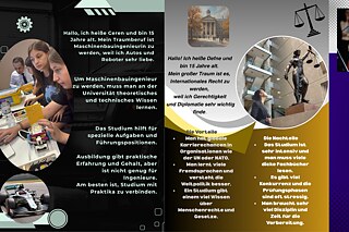 Collage von zwei Schülern, in der sie die Vor- und Nachteile von Ausbildung oder Studium abwägen