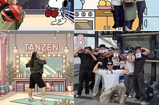 Vier Bilder: Salon, Café mit Katze, Boxszene und Küche mit drei Personen.