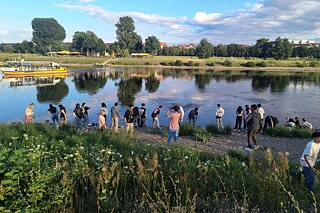 Jugendliche am Ufer der Elbe.