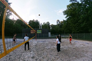 Junge Erwachsene spielen Volleyball.