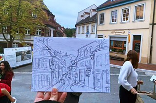 Zeichnung einer Straße in der Altstadt von Bamberg