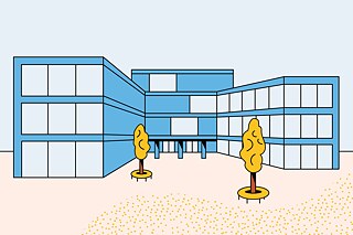 Visual eines blauen Schulgebäudes mit zwei gelben Bäumen