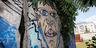 Berlin-Mitte: Mauergedenkstätte Bernauer Straße. Auf dem Areal der Gedenkstätte befindet sich das letzte Stück der Berliner Mauer. Überwucherte Mauersegmente mit Graffiti im erweiterten Bereich der Open-Air-Ausstellung
