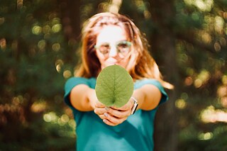 Nachhaltige Ziele Unsplash/Mert Guller Ein Mädchen hält ein großes Baumblatt vor sich.