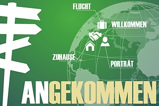 Grafik mit grünem Hintergrund und dem Schriftzug Angekommen