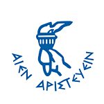 Logo der Schule, blaue Zeichnung mit griechischen Buchstaben auf weißem Hintergrund