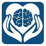 Weißes Logo auf blauem Hintergrund, zwei Hände, die eine Weltkugel halten