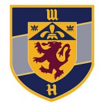 Wappen mit den Farben dunkelrot, dunkelblau, gelb und grau