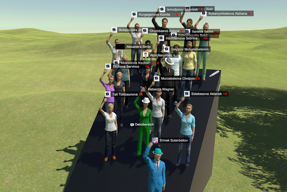 Screenshot einer virtuellen Umgebung: Avatare winken