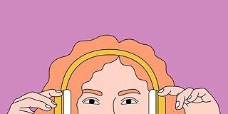 Visual einer rothaarigen Frau mit Kopfhörern vor einem lilafarbenen Hintergrund