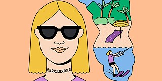 Grafik eines blonden Mädchens mit Sonnenbrille, neben ihr eine Traumblase, in der verschiedene Urlaubsimpressionen zu sehen sind, z.B. ein Strand