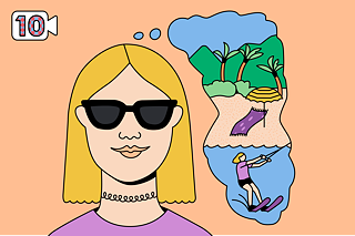 Grafik eines blonden Mädchens mit Sonnenbrille, neben ihr eine Traumblase, in der verschiedene Urlaubsimpressionen zu sehen sind, z.B. ein Strand