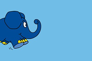 Blauer gezeichneter Elefant vor einem hellblauen Hintergrund