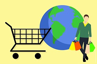Illustration einer Weltkugel, eines Einkaufswagens und einer Person