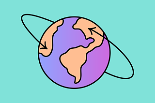 Globus in lila und orange auf einem türkisfarbenen Hintergrund