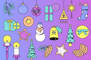 Visual mit verschiedenen Weihnachtssymbolen und einem lilanen Farbverlauf