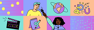 Mosaik aus verschiedenen Grafiken mit zwei Personen, von denen eine ein Mikrofon hält