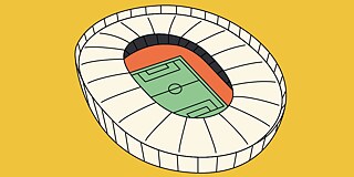 Grafische Darstellung eines weißen Fußballstadions auf einem ockergelben Hintergrund