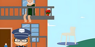 Die Retterin © 2023 Goethe-Institut Ein Mann mit grauem Haar und Vollbart stitzt verletzt auf einem Balkon. Davor steht eine Polizistin.